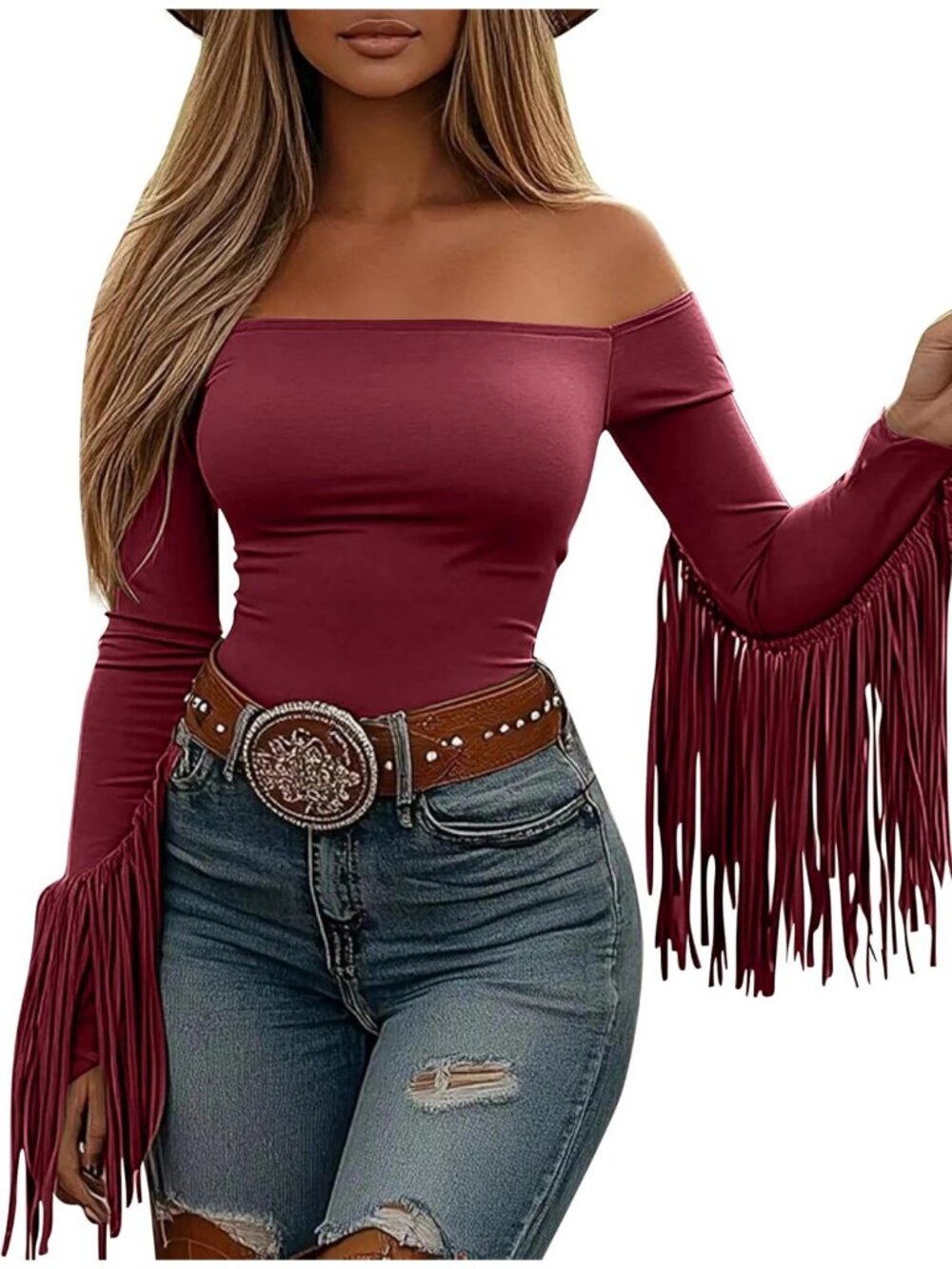 Women's Wine Stretchy Crop Off Shoulder Concert Cowgirl Fringe Tassel Blouses